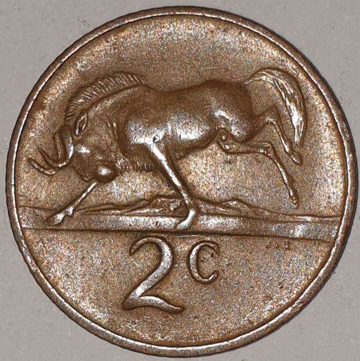 1974 - 2 CENT COIN (TWO CENT COIN) - RSA - BRONZE - KM#83 - BILINGUAL LEGEND - WILDEBEEST